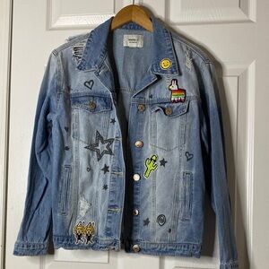 Forever 21 Light Blue Distressed Denim Jacket with Patches #2